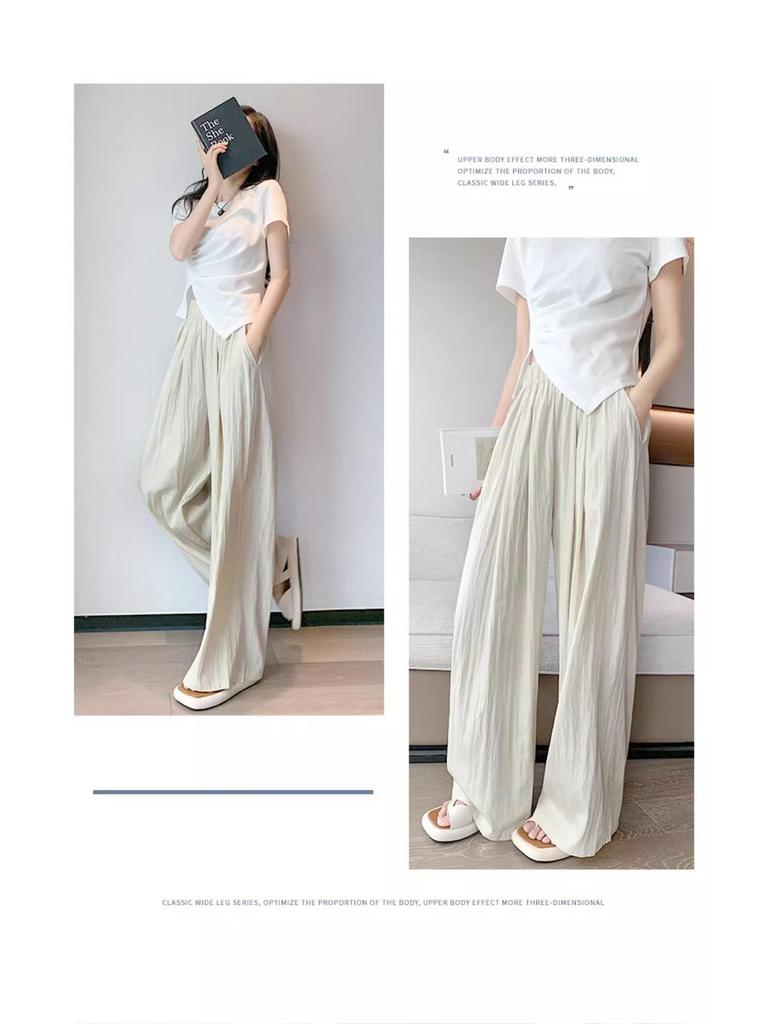 Женские летние брюки из ледяного шелка с широкими штанинами, высокой талией, плиссированной текстурой, защитой от солнца и прямым кроем А-силуэта.