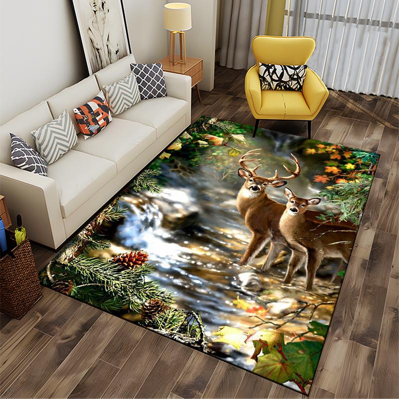 Deer in Forest by Stream Rug Design Non-slip rug suitable for living room and bedroom sofas.