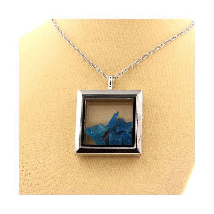 Stones and Minerals. Raw Neon Blue Apatite Necklace. Square Model. Color Silver.