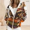 Women Plus Size Zip Up Hoodie Halloween Skeleton Pumpkin Cowboy Print Long Sleeve Casual Hooded Sweatshirt