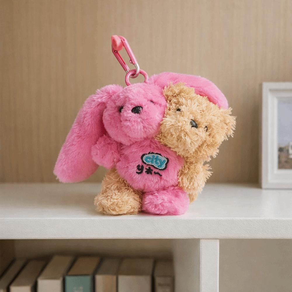 Kawaii Style Plush Toy Hugging Design Twin Rabbit Bear Cute Plush Keychain Children Gits