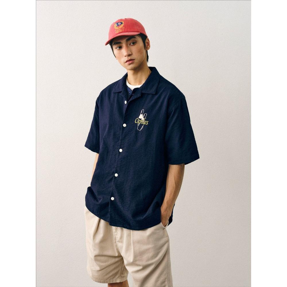 Боулинг Рубашка с коротким рукавом Мужская Свободная Летняя Рубашка с кубинским воротником Ретро Вышитая