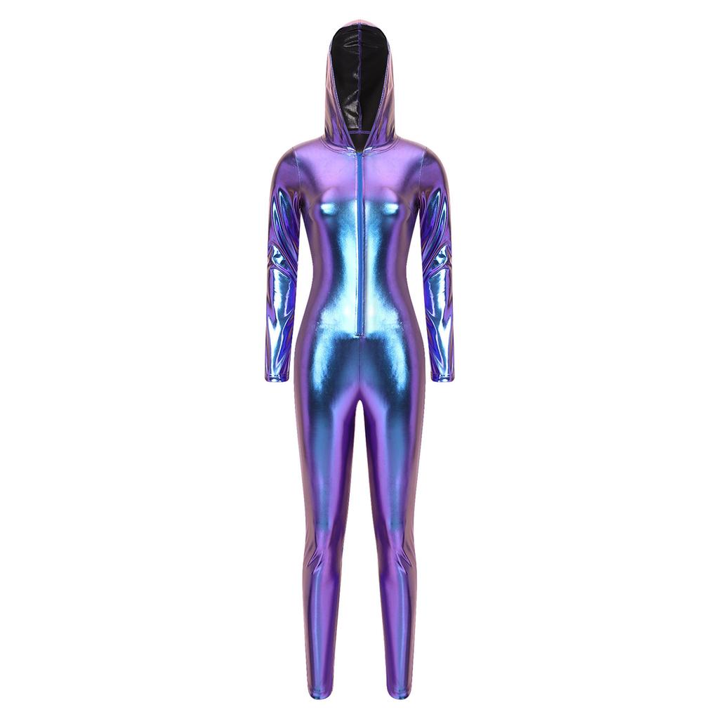 Front Zip-up Long Sleeve Hooded Bodysuit Metallic Shiny Jumpsuit with Leggings Tights for Women Rave Party Club