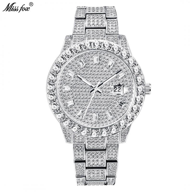 Mens Luxury Oversized Dial Crystal-Embellished Quartz Watch With Date Display Stainless Steel Band