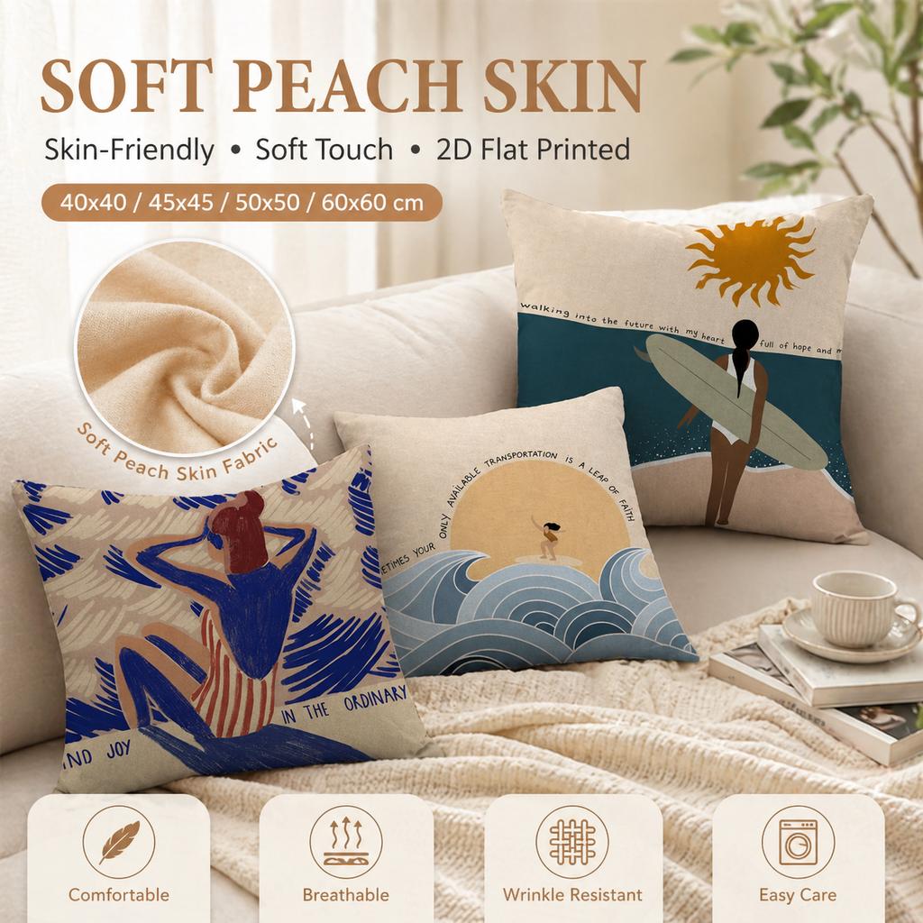 Nordic Summer Woman Art Pillow Case 2D Flat Printed Peach Skin Cushion Cover Ocean Waves Decorative Throw Pillowcase For Sofa