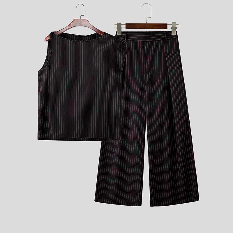 INCERUN Мужские повседневные комплекты из двух предметов: полосатые майки без рукавов и длинные брюки