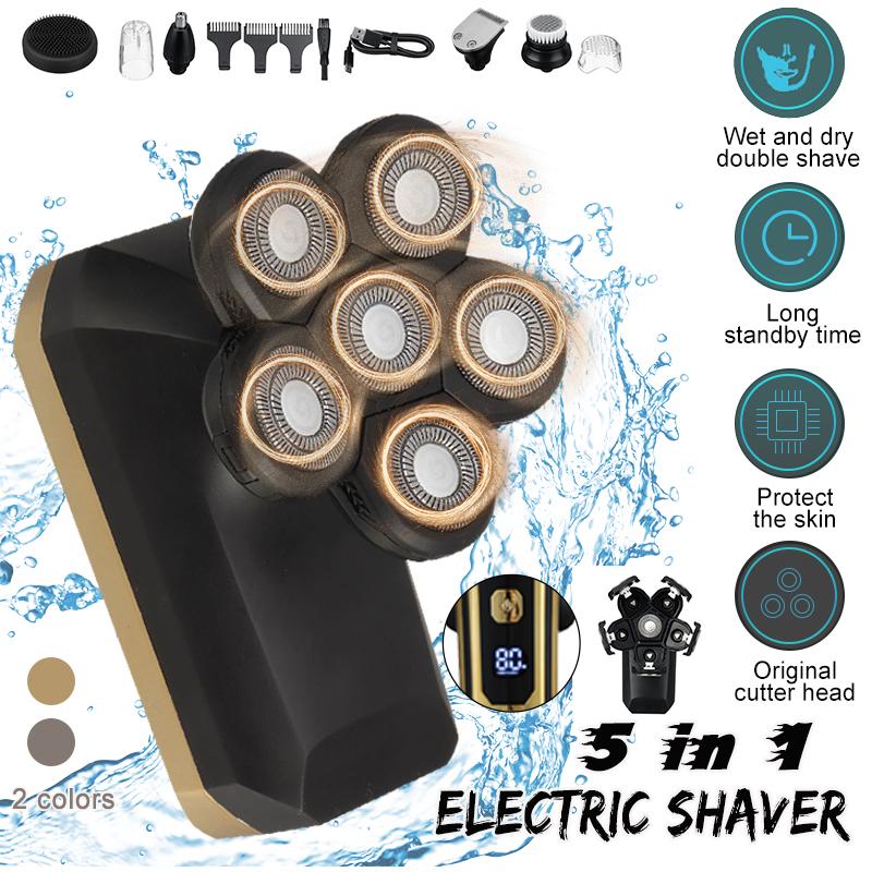 5-In-1 6 Cutter Head Multifunctional Electric Bald Head Shaver Waterproof Rechargeable Trimmer/6 Head Floating Head Cordless Groomer Gray/Golden