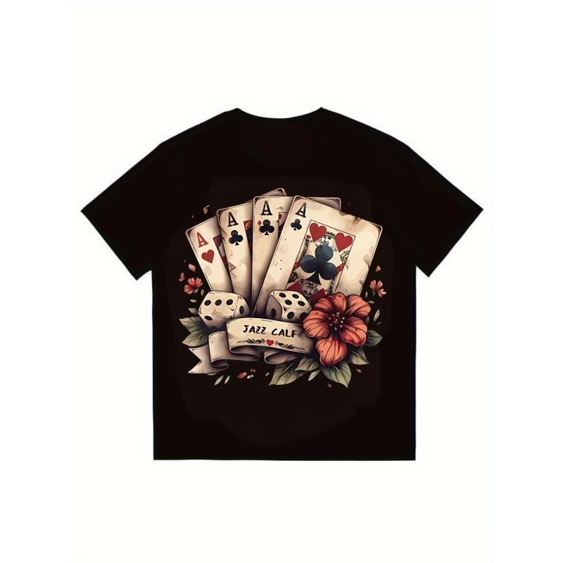 Men's T-Shirt Black Four Aces Playing Cards Dice Flower Jazz Calf Print Casual Streetwear Fashion Top