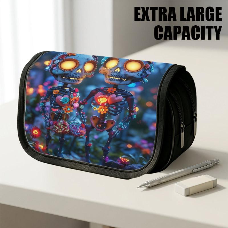 1pc Large Capacity Thickened Oxford Flip Top Pencil Case Suitable for School & Office, Double Layer Zipper Retro Gothic with Floral Design, Multifunct