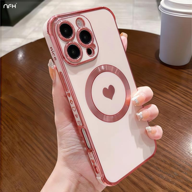 Для iPhone Роскошный чехол для телефона в форме сердца с магнитным покрытием Magsafe и узором рамки для iPhone 11 12 13 14 15 16 Plus Pro Max