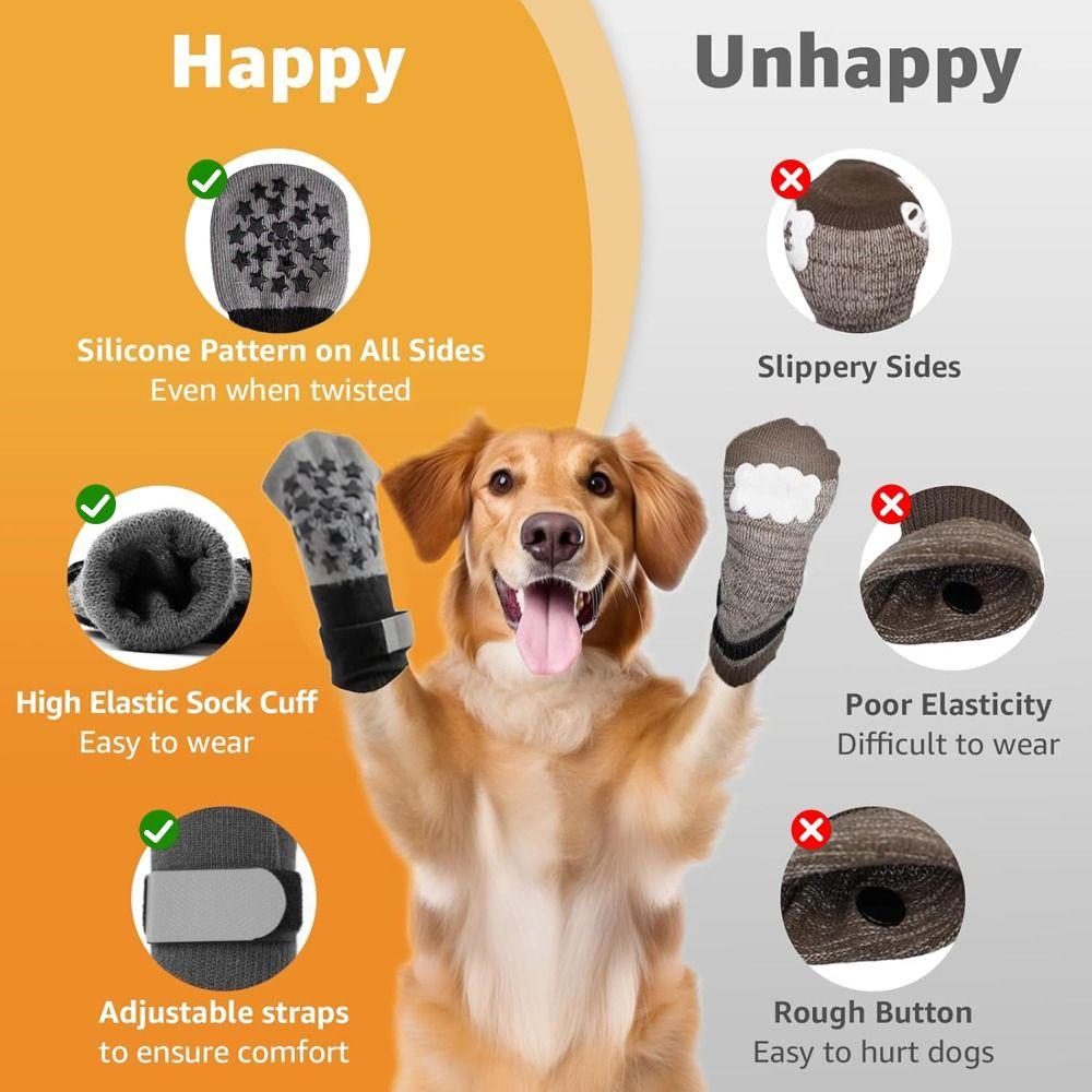 4 шт. Нескользящие носки для собак, Защищающие от царапин, С прочным сцеплением, Защита лап, Регулируемые ремешки, Защищающие от вылизывания, Вязаные носки для питомцев