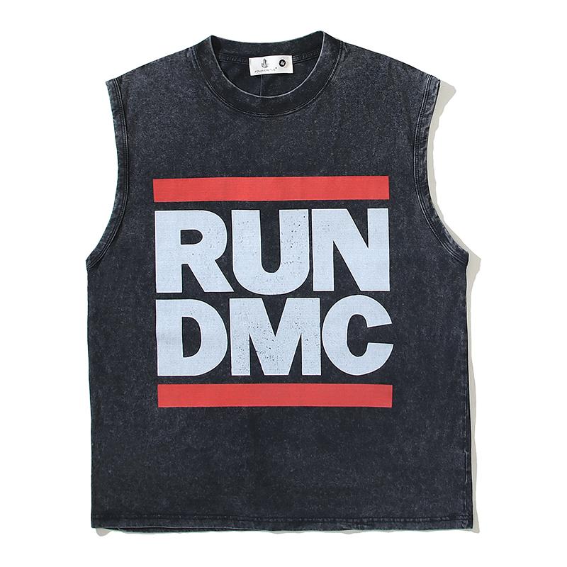 100% Хлопок Западное побережье RUNDMC Рок Хип-хоп Рэп Принт Выстиранный Винтаж Старый Свободный Жилет Мужская Майка