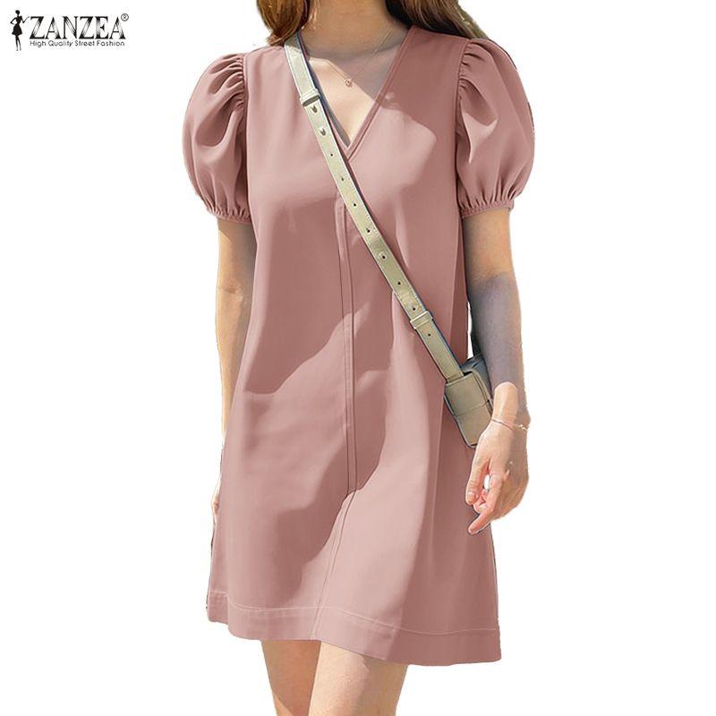 ZANZEA Women Casual V-Neck Solid Color Summer Short Sleeve Dress