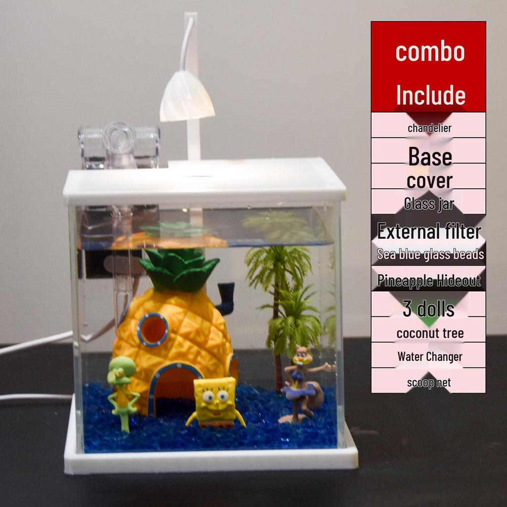 Mini Ultra-White Glass Fish Tank with Rose Light - Transparent Betta Tropical Fish Eco-Tank