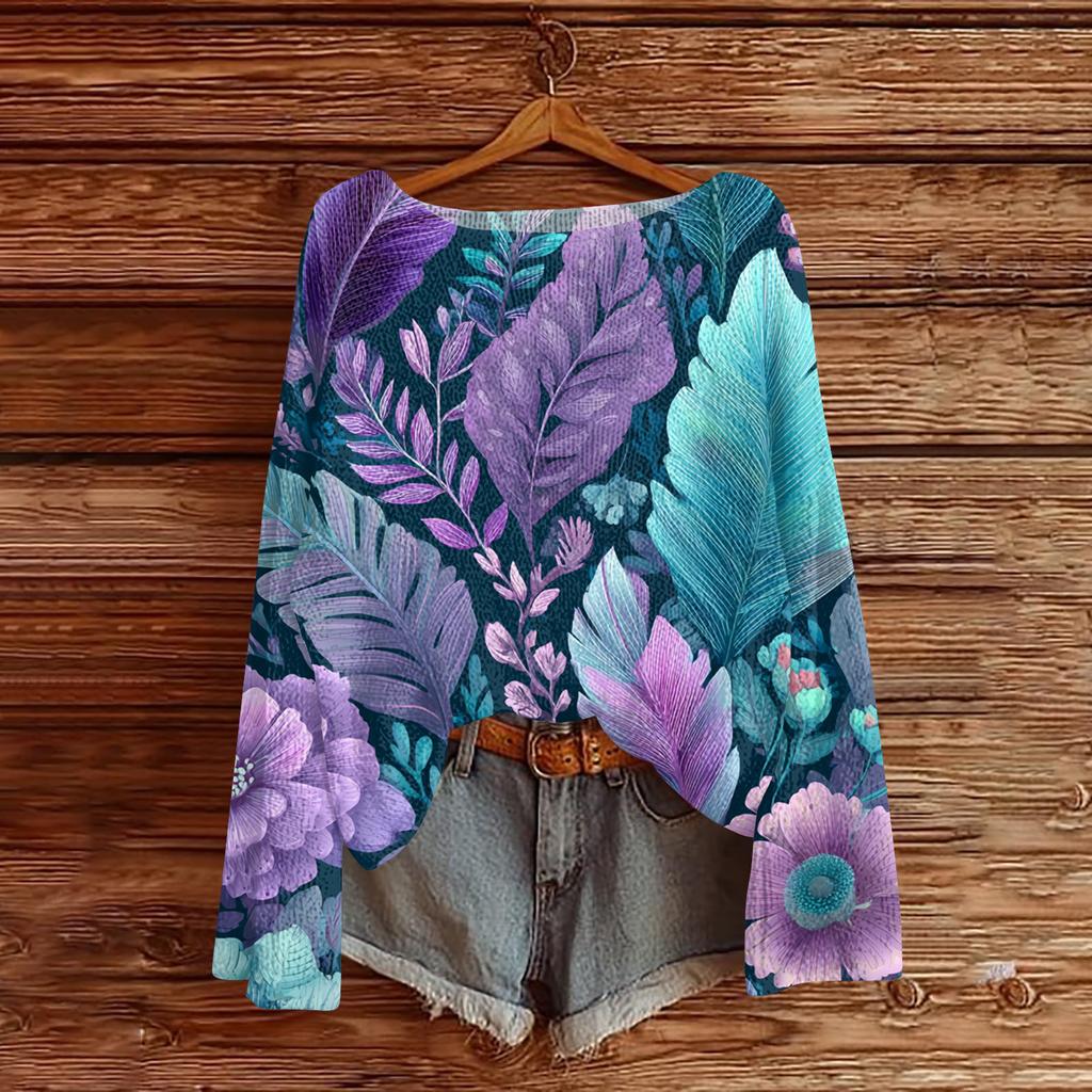 Женский легкий свитер повседневный с длинным рукавом вязаный винтажный с цветочным принтом пуловер