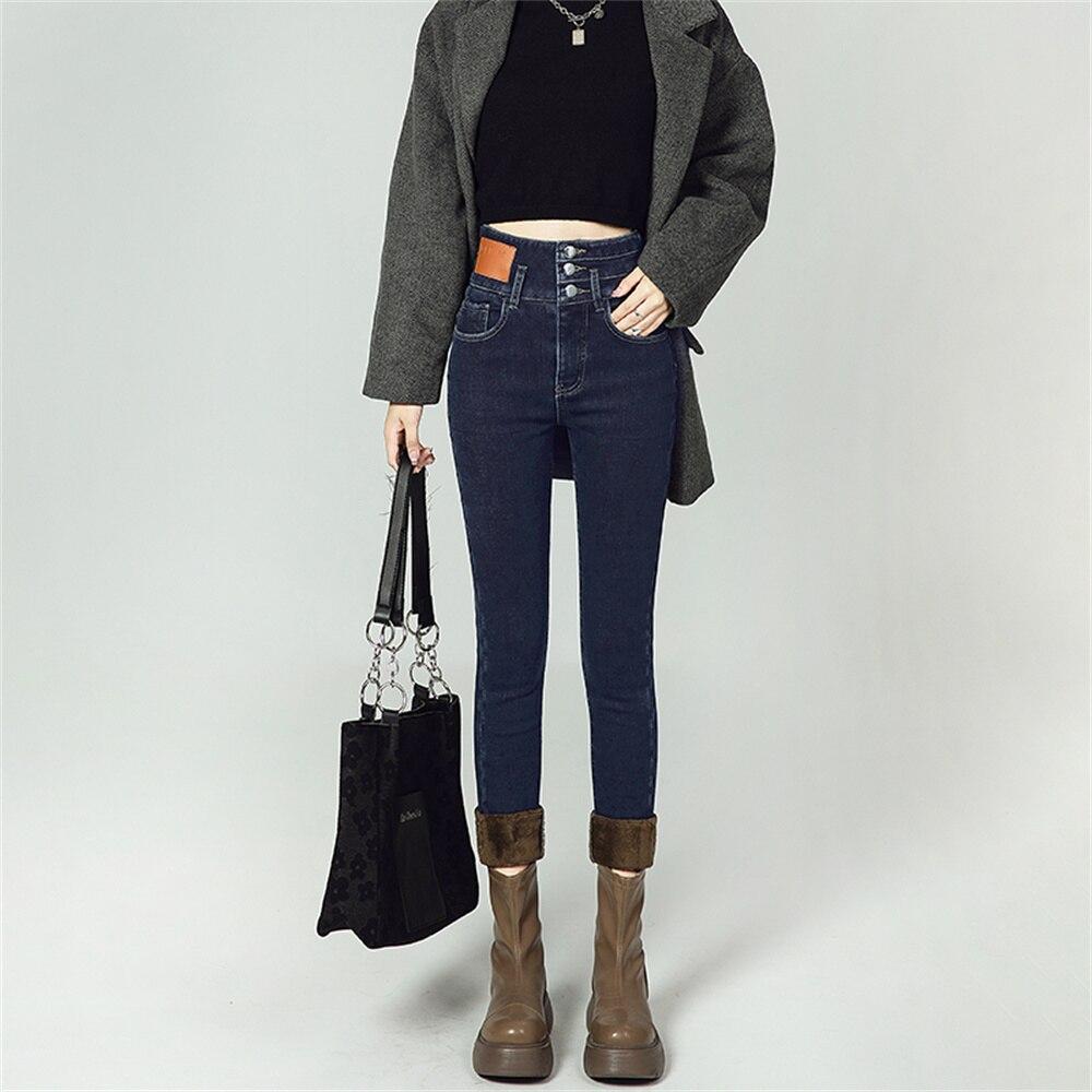 Commuting Wind Stretch High Waist Autumn Winter Pencil Pant Female Casual Velvet Jeans Womens Harajuku Jean Thick Warm Women Pants
