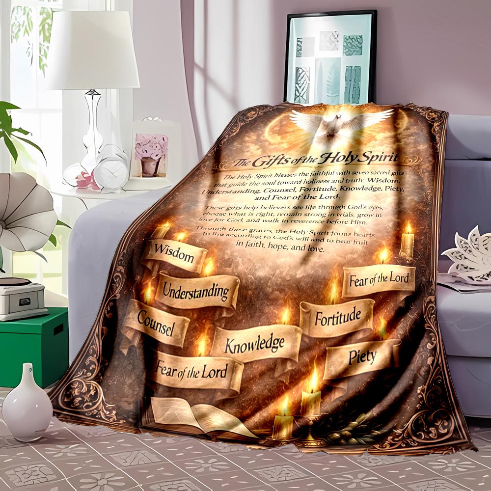 1PC Seven Gifts of Holy Spirit Faith-printed Flannel Blanket Soft and Warm Suitable for Home Travel Picnics Camping and RV Use