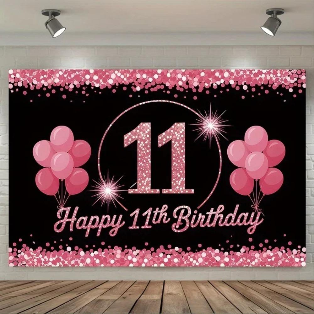 Sparkling Highlights Pink Balloon Theme Banner Background Cloth Children's 11th Birthday Party Decoration Photography Backdrop