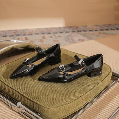 29818 [овчина] туфли на плоской подошве женские на толстом каблуке 2025 новые остроносые с ремешком Мэри Джейн кожаные туфли с морщинами