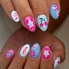 24Pcs Ocean Fish Pattern Press On Nails Short Oval Full Cover Summer Colorful Striped Fake Nails
