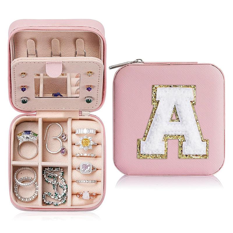 1PC Personalized Portable Jewelry Box for Women Girls Jewelry Case Small Jewelry Storage Pink Initial Letter
