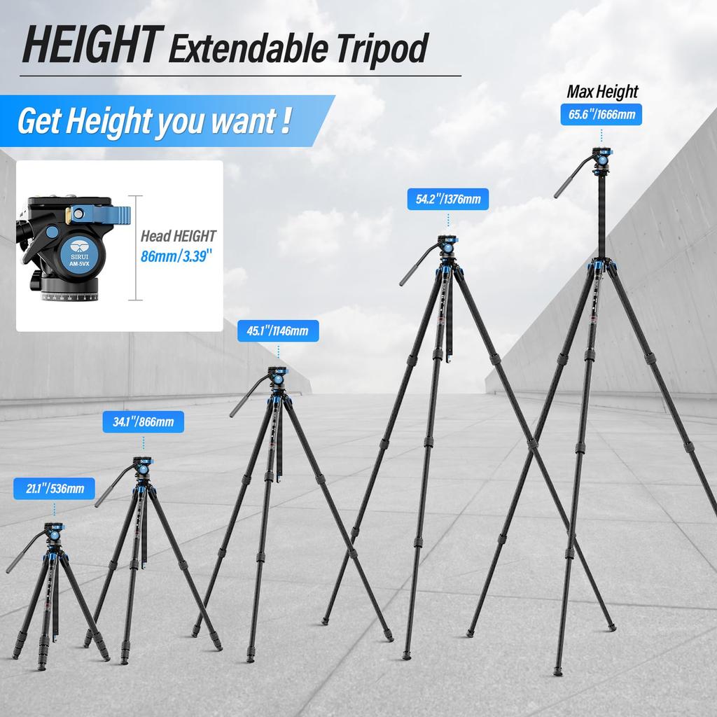 SIRUI AM124 Carbon Fiber Tripod with AM5V Video Compact Lightweight Travel Tripod for Triangular Center Load Capacity Lbs Head, Camera, DSLR, Pole,
