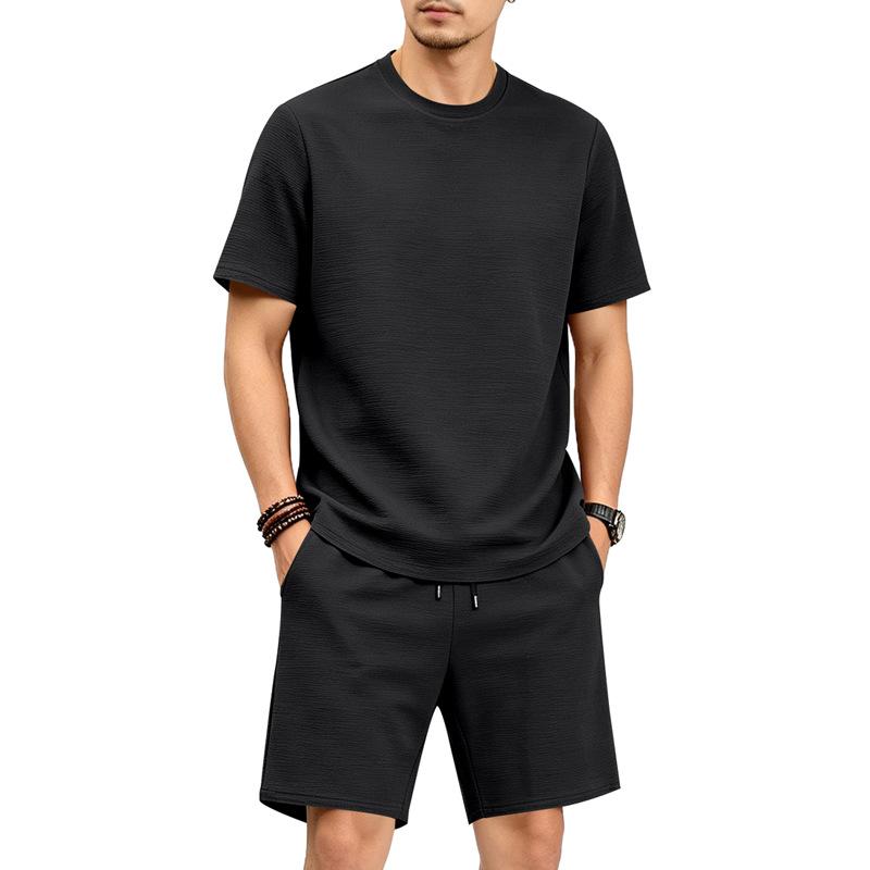 Men Casual Loose Textured Short Sleeve T Shirt And Shorts Two Piece Set