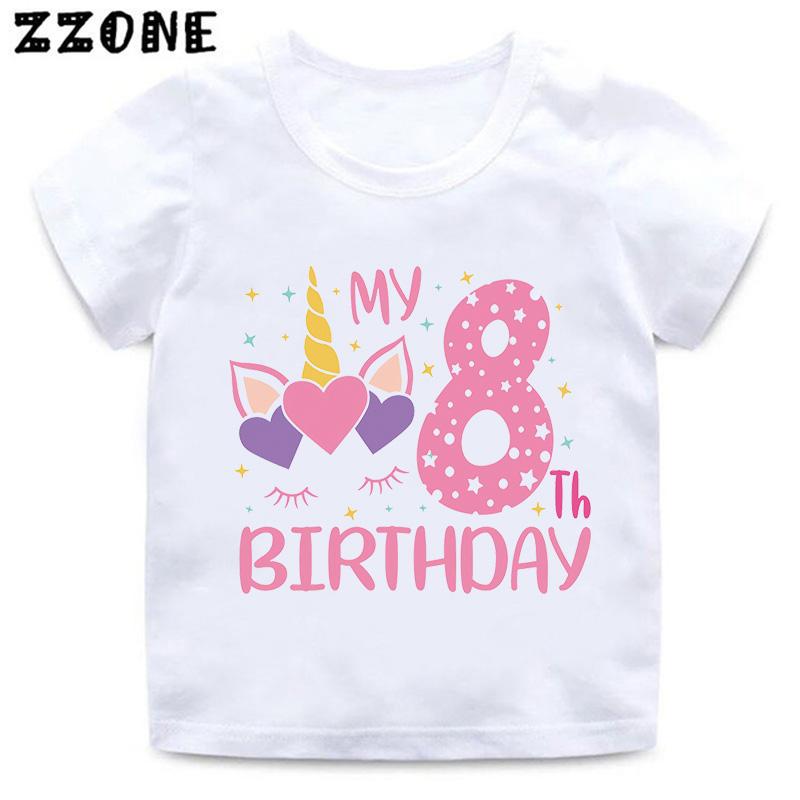 My 1 2 3 4 5 6 7 8 9 th Years Birthday Unicorn Print Cute Girls Clothes Summer Short Sleeve Kids T shirt Baby Boys TShirts