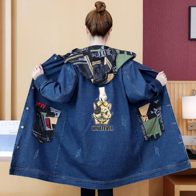 Женская весенне-осенняя джинсовая куртка удлиненного кроя свободного кроя больших размеров с цветными блоками, рабочая одежда