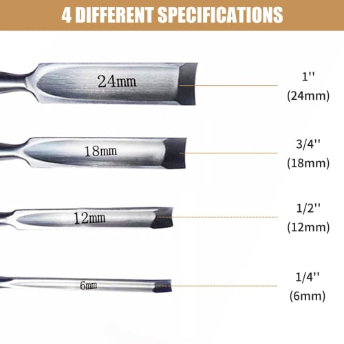 Set of 4 Regular Woodworking Chisels [For Woodworking, Hinge Installation, Threshold Groove Repair, Etc.] [Hammerable] [For Chamfering, Wood Carving,