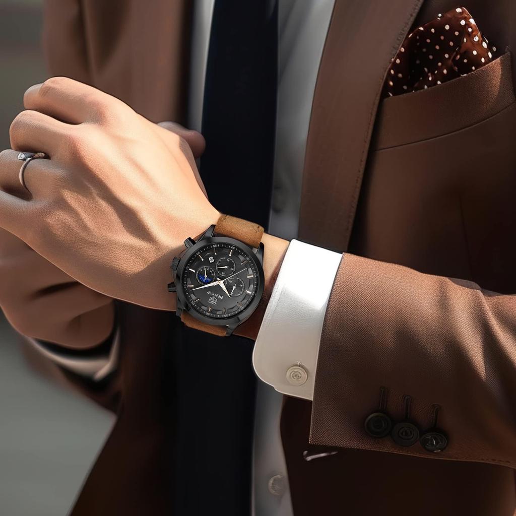 Мужские часы-хронограф с многофункциональным календарем BENYAR, серия Business Leather, водонепроницаемый ремешок из коричневой кожи, аналоговый дисплей