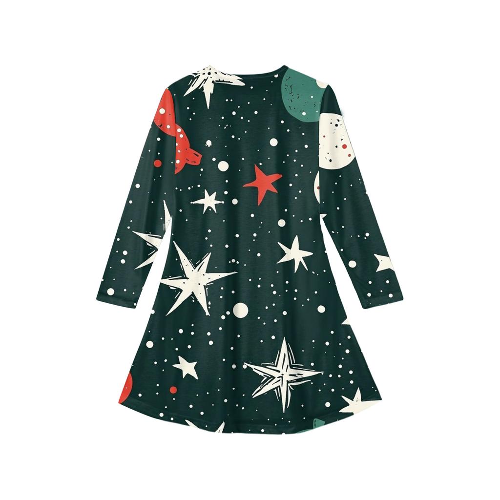 Christmas Day Girls' Long Sleeve Dress - Color Pocket Dress