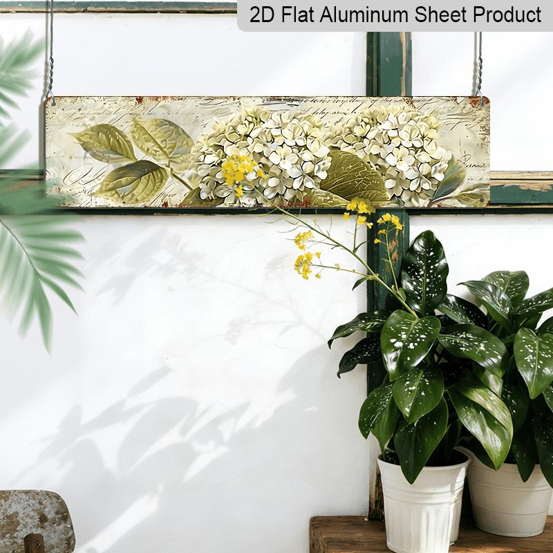 2D Flat, Vintage Hydrangea Metal Wall Art - 3.94 X 15.74inch, UV-Printed Alumium Decorative Sign with Realistic White Flowers and Green Leaves