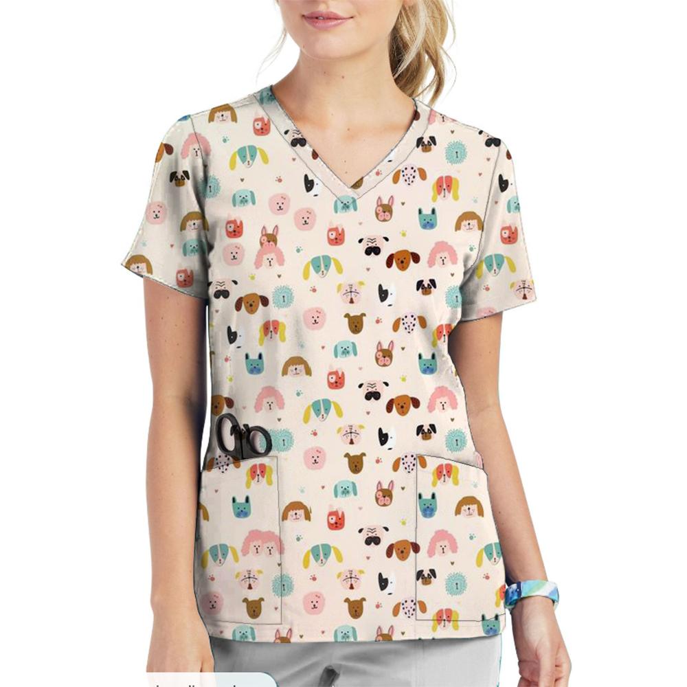 Animal Printed Pet Clinic Vet Work Uniforms Women Nurse Accessories Hospital Doctor Nursing T-Shirt Medical Scrubs Clothes Tops