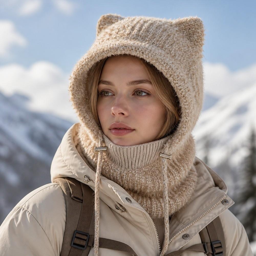 Windproof Hooded Scarf Hat Thickened Mask Neck Warmer Japanese Style Cap Cat Ears Beanie Travel