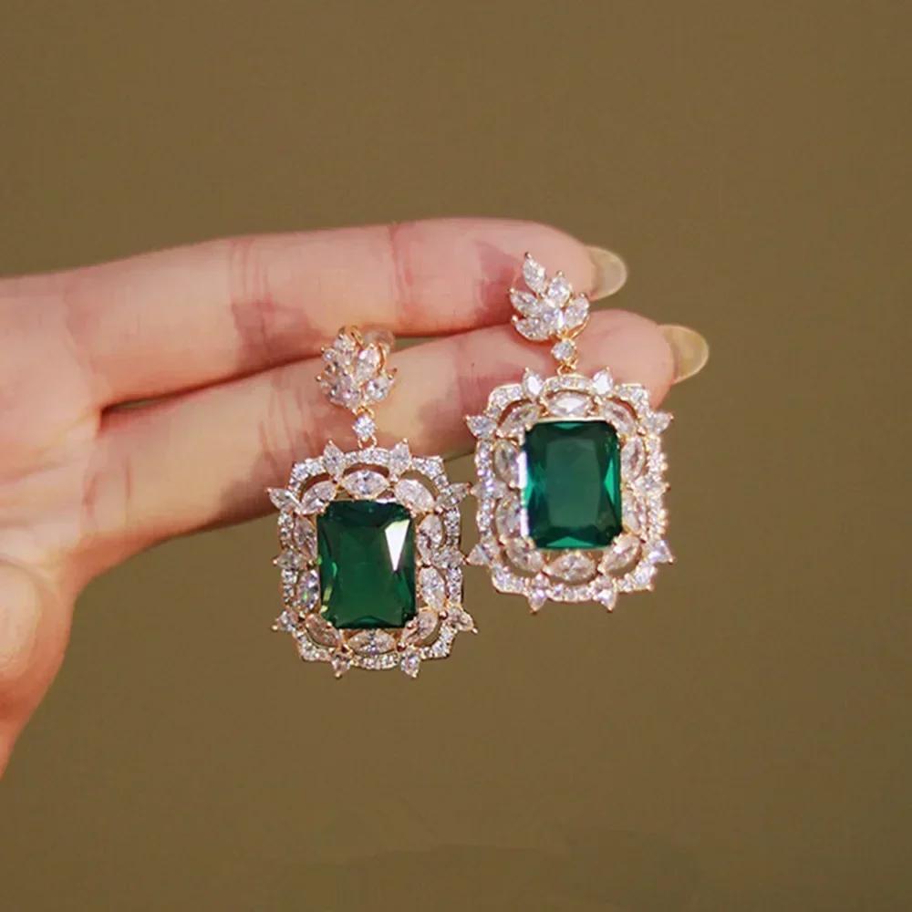 Fashionable Banquet Elegant Emerald Cubic Zirconia Earrings, High-end Inlaid Wedding Style Swaying Zircon Accessories