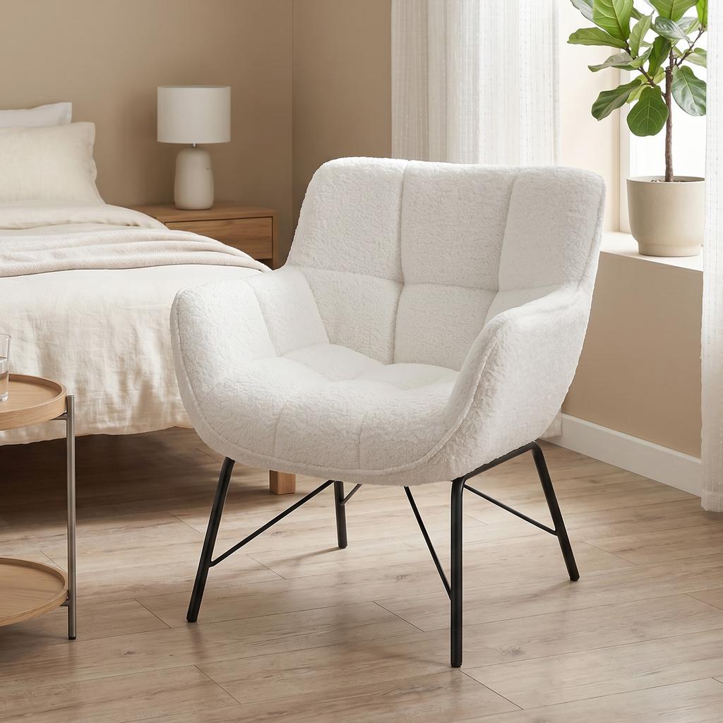 Modern Lounge Chair, Sherpa Fleece Chair with Curved Backrest, Integrated Armrests, Metal Legs, Cream White