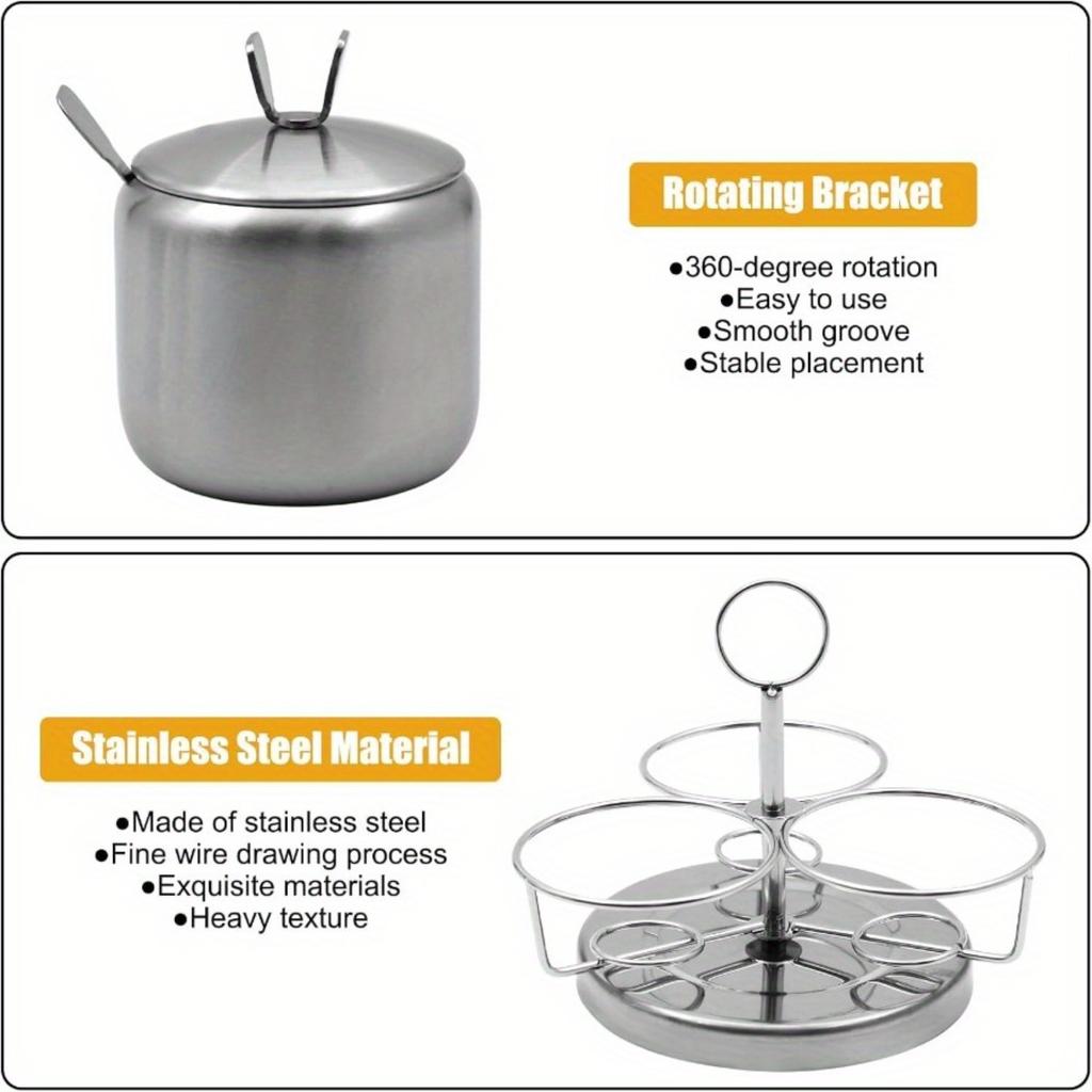 3 Pcs Stainless Steel Seasoning Condiment Jars, Revolving Sugar Bowl Coffee Pot Rotating Spice Jar Set with Rack Spice Container with Lid and Spoon