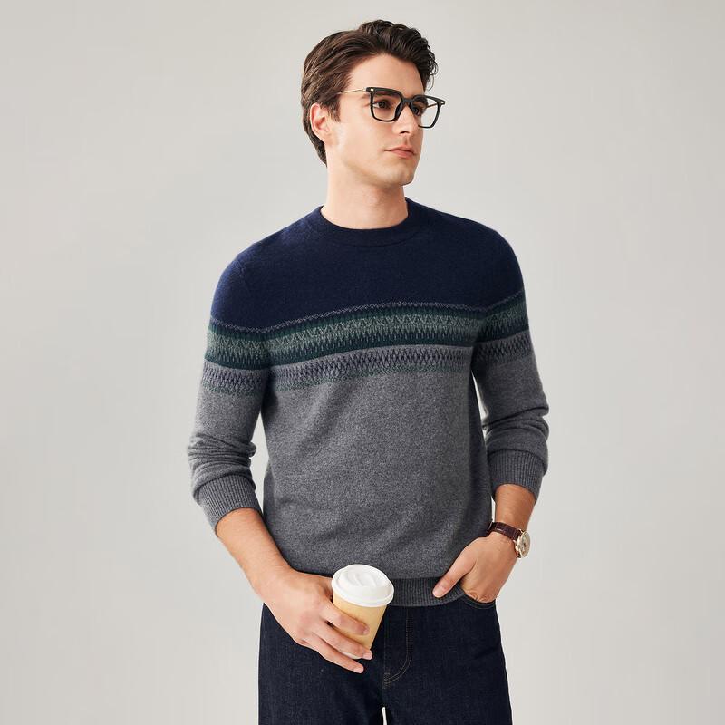 Zhaojun Men's 100% Cashmere Jacquard Round Neck Sweater