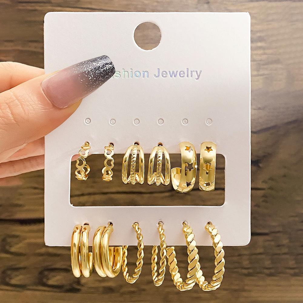 6Pairs Korean Fashion Gold Color Metal Twist Hoop Earrings Set for Women Jewelry Simple Circle Geometric Drop Dangle Earrings