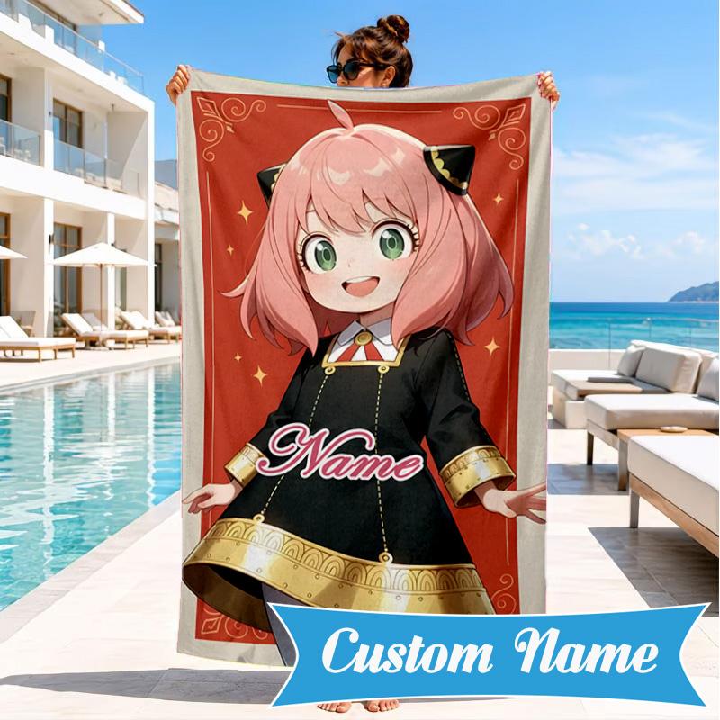 Custom Name Adventure Cute Anya Beach Towel Microfiber Beach Towel, Lightweight and Quick-Dry, for Summer Travel, Swimming Pool Gift