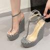 Liyke Summer PVC Transparent Women Wedge Sandals Fashion Black White Lattice Platform High Heels Sexy Open Toe Party Dress Shoes