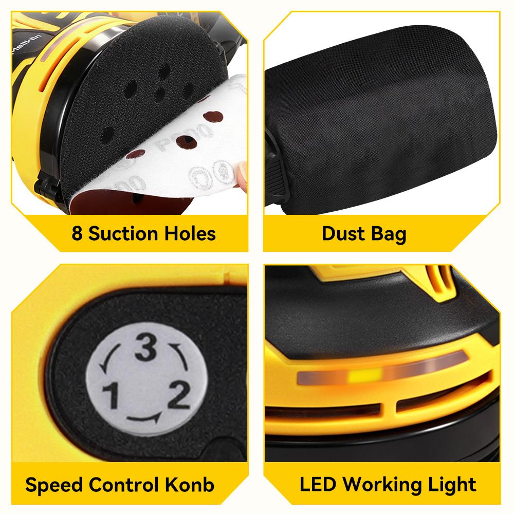 MELLWIN Аккумуляторная электрическая орбитальная шлифмашина с регулируемой скоростью, машина для шлифовки и полировки дерева для аккумулятора Makita 18 В (штырь)