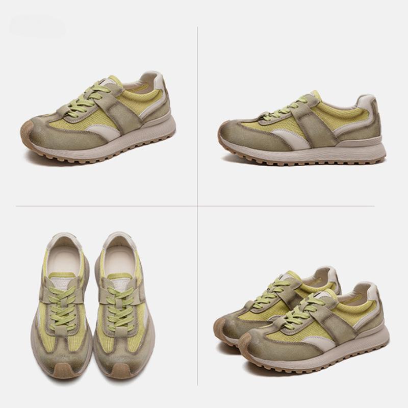 Johnature Breathable Mesh Splicing Genuine Leather Casual Sneakers Mixed Colors Flat Comfortable Women's Shoes