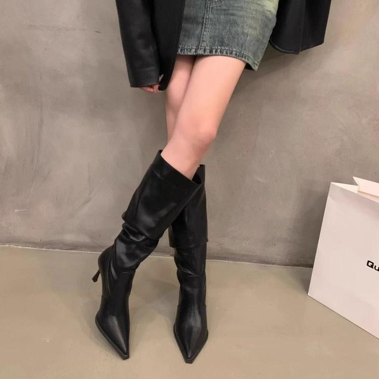 Мода 2024 Осень Новые женские сапоги с острым носком и плиссировкой Модные сапоги до колена на высоком каблуке