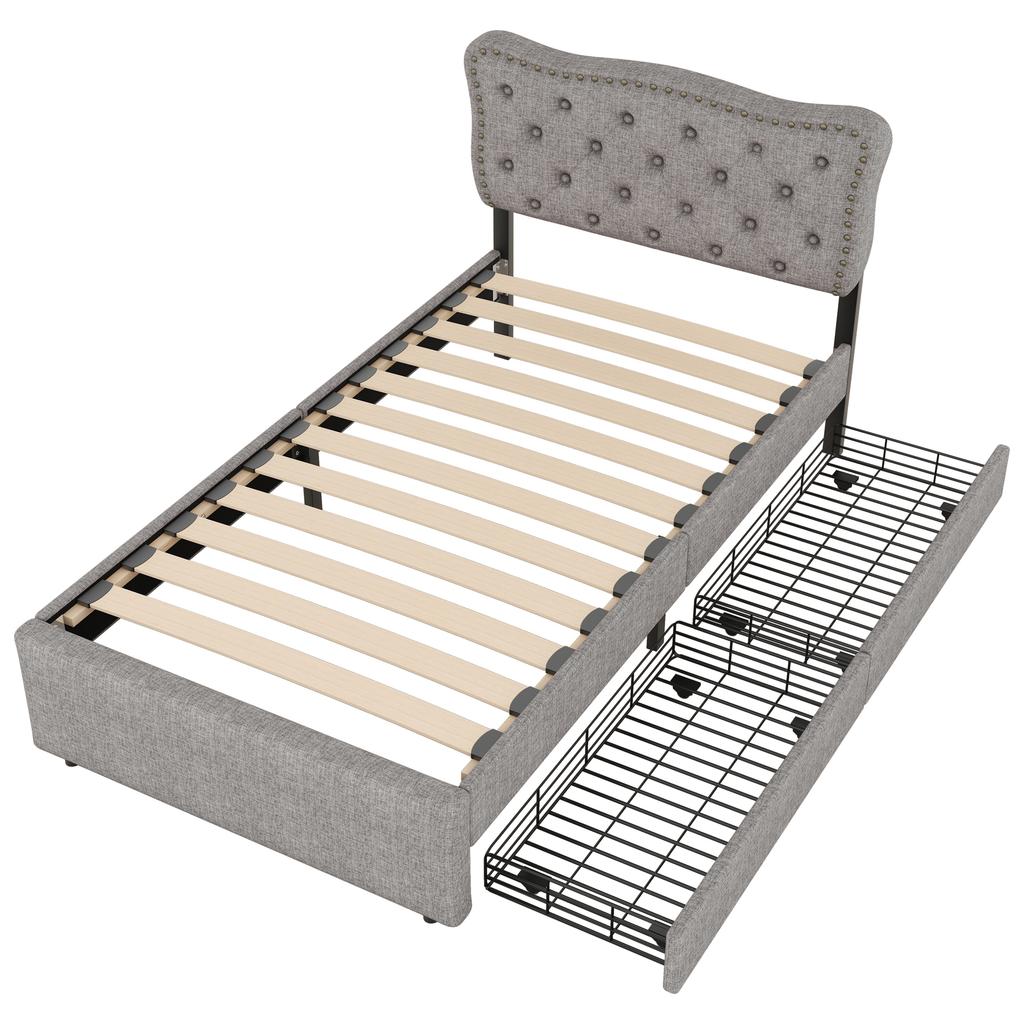 90*200 cm Low Bed, Upholstered Bed, Nightstand Upholstery with Decorative Rivets, Double Drawers, Grey