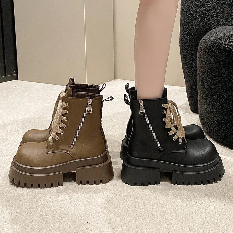 Модные женские ботильоны на толстой подошве 7 см, кожаные мотоциклетные ботинки на платформе, высокие каблуки, ботинки на танкетке, зимняя обувь в стиле панк, женские кроссовки