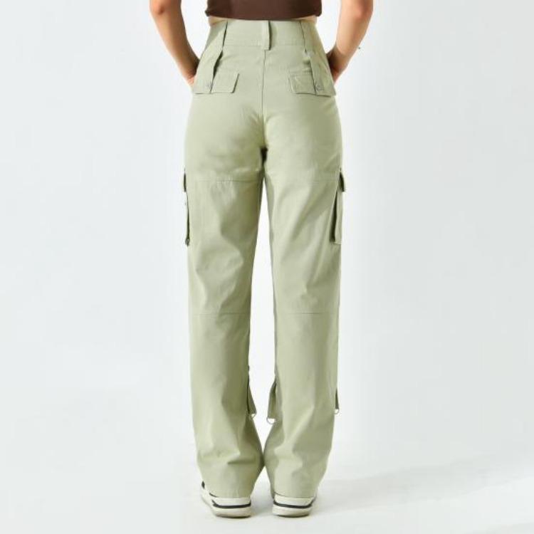 Retro Style Women Cargo Pants Low Rise Wide Waist Cropped Overalls Straight Leg Solid Color Multi Pocket Work Pants