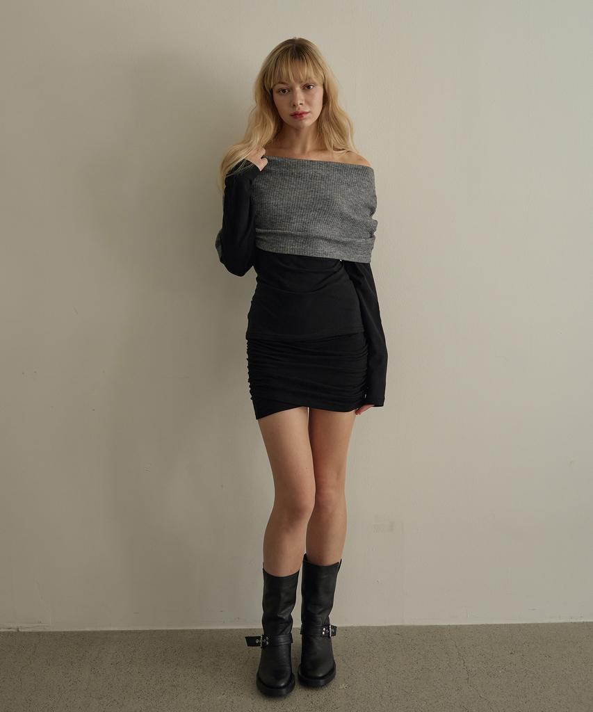 5OML Off-Shoulder Knit Two-Way Long Sleeve (Charcoal)