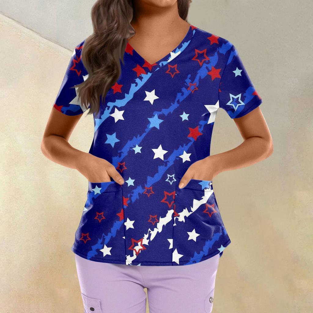 Plus Size Printed Scrub Working Uniform Tops For Women's Cross V Neck Independence Day Print Short Sleeve Fun T-Shirts Workwear Tee With Pockets